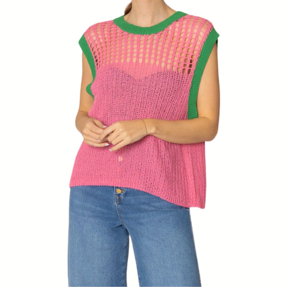 Vest Top Pink and Green Crochet for Women - Premium Wholesale Fashion Accessories from Pinktown - Just $40! Shop now at chiquestyles