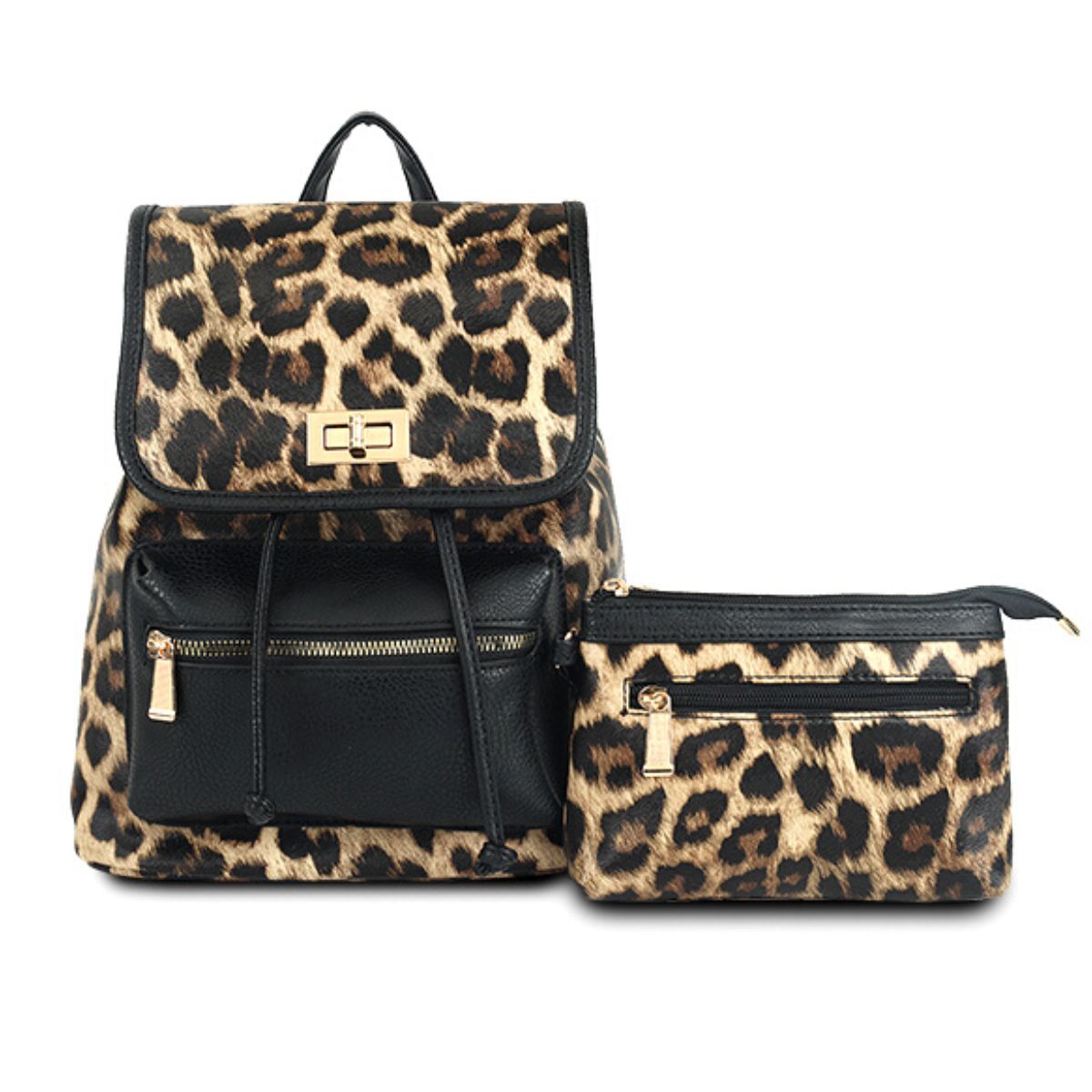 Backpack Leopard and Black Flap Bag Set for Women - Premium Wholesale Fashion Accessories from Pinktown - Just $33! Shop now at chiquestyles