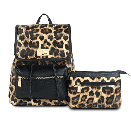 Backpack Leopard and Black Flap Bag Set for Women - Premium Wholesale Fashion Accessories from Pinktown - Just $33! Shop now at chiquestyles