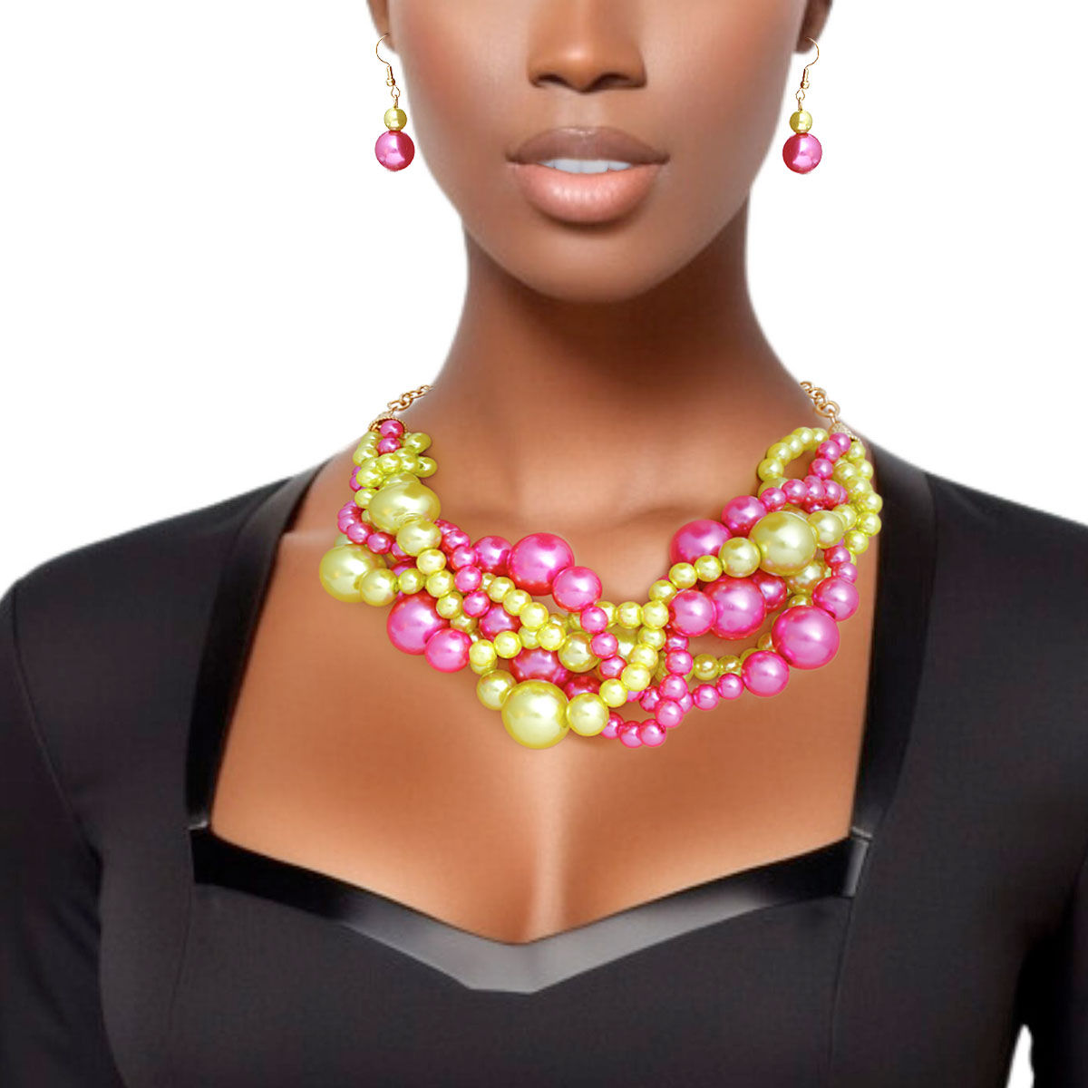 Pearl Necklace Pink Lime 5 Twisted Set for Women - Premium Wholesale Jewelry from Pinktown - Just $17! Shop now at chiquestyles