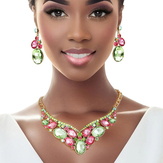 Crystal Necklace Pink Green Collar for Women - Premium Wholesale Jewelry from Pinktown - Just $42! Shop now at chiquestyles