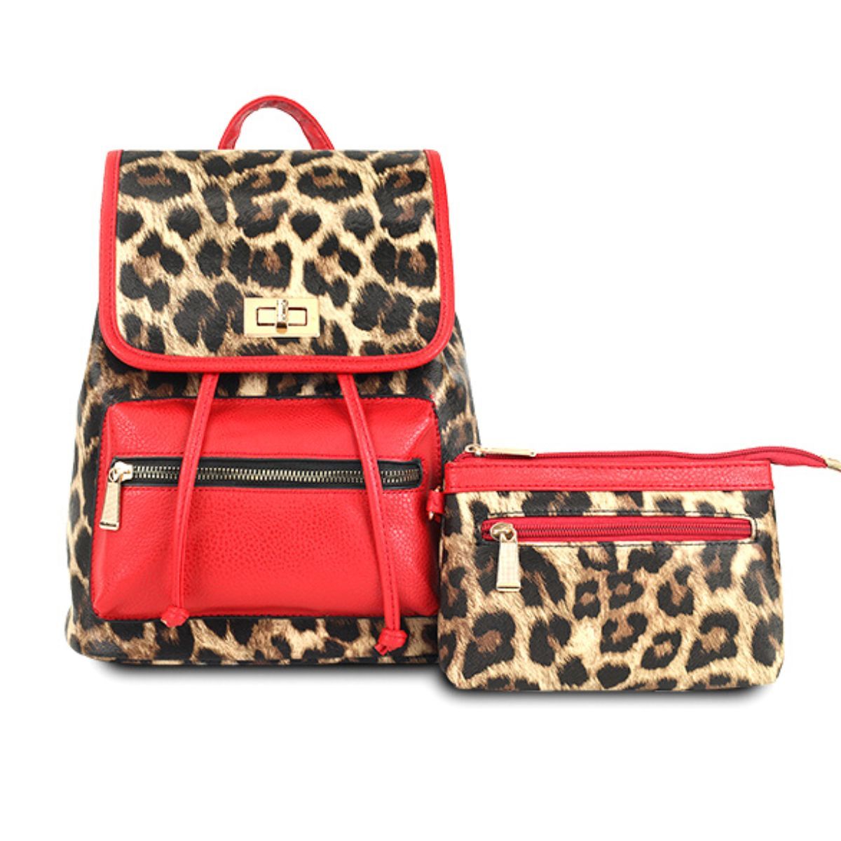 Backpack Leopard and Red Flap Bag Set for Women - Premium Wholesale Fashion Accessories from Pinktown - Just $33! Shop now at chiquestyles