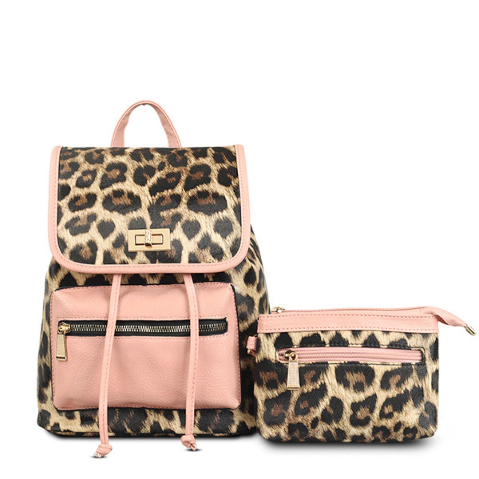 Backpack Leopard and Pink Flap Bag Set for Women - Premium Wholesale Fashion Accessories from Pinktown - Just $33! Shop now at chiquestyles