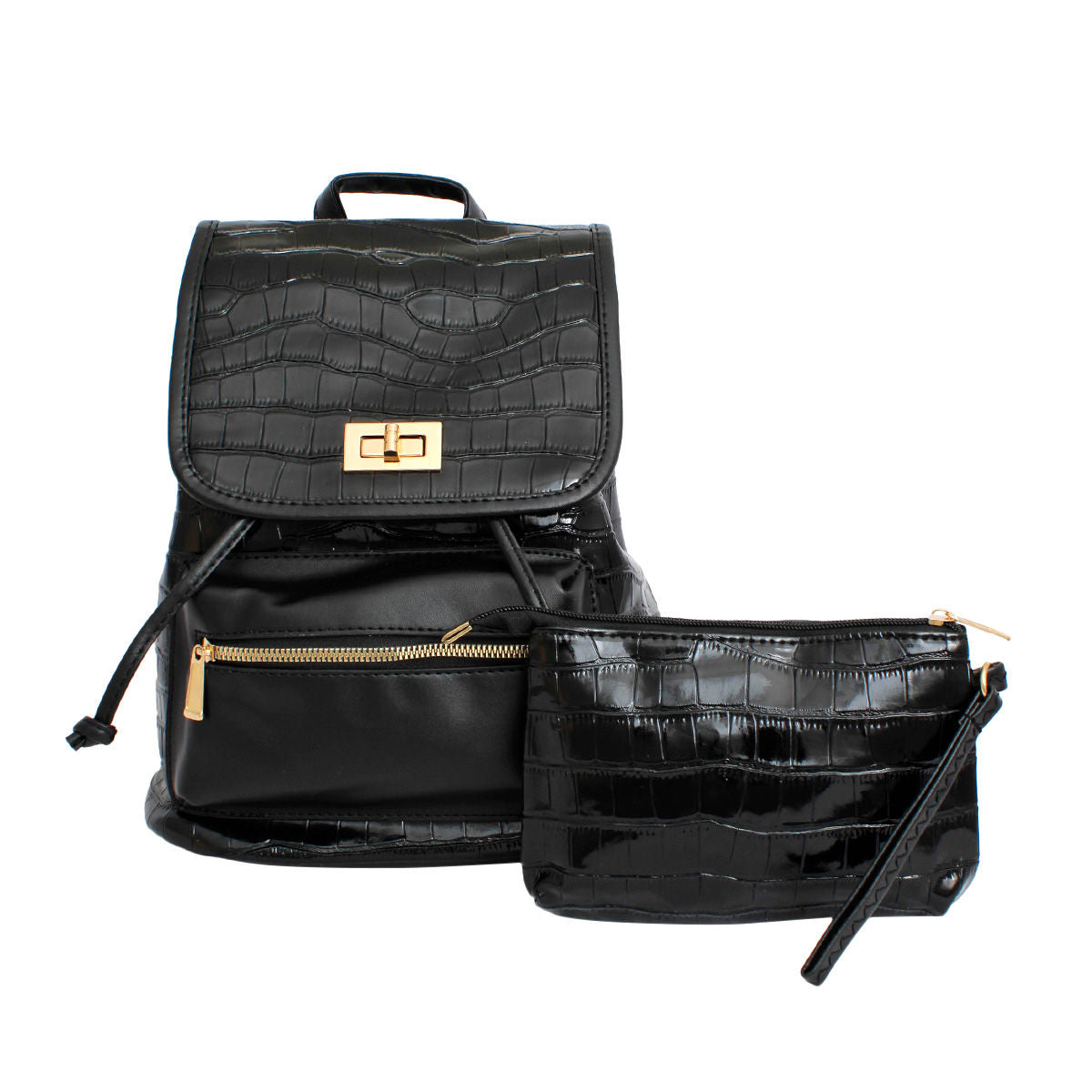 Backpack Black Croc Flap Bag Set for Women - Premium Wholesale Fashion Accessories from Pinktown - Just $33! Shop now at chiquestyles