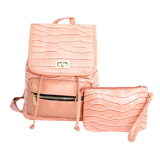 Backpack Pink Croc Flap Bag Set for Women - Premium Wholesale Fashion Accessories from Pinktown - Just $33! Shop now at chiquestyles