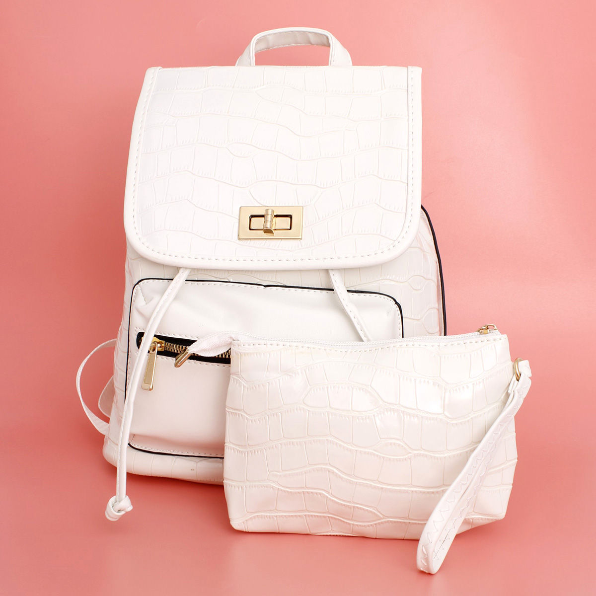 Backpack White Croc Flap Bag Set for Women - Premium Wholesale Fashion Accessories from Pinktown - Just $33! Shop now at chiquestyles