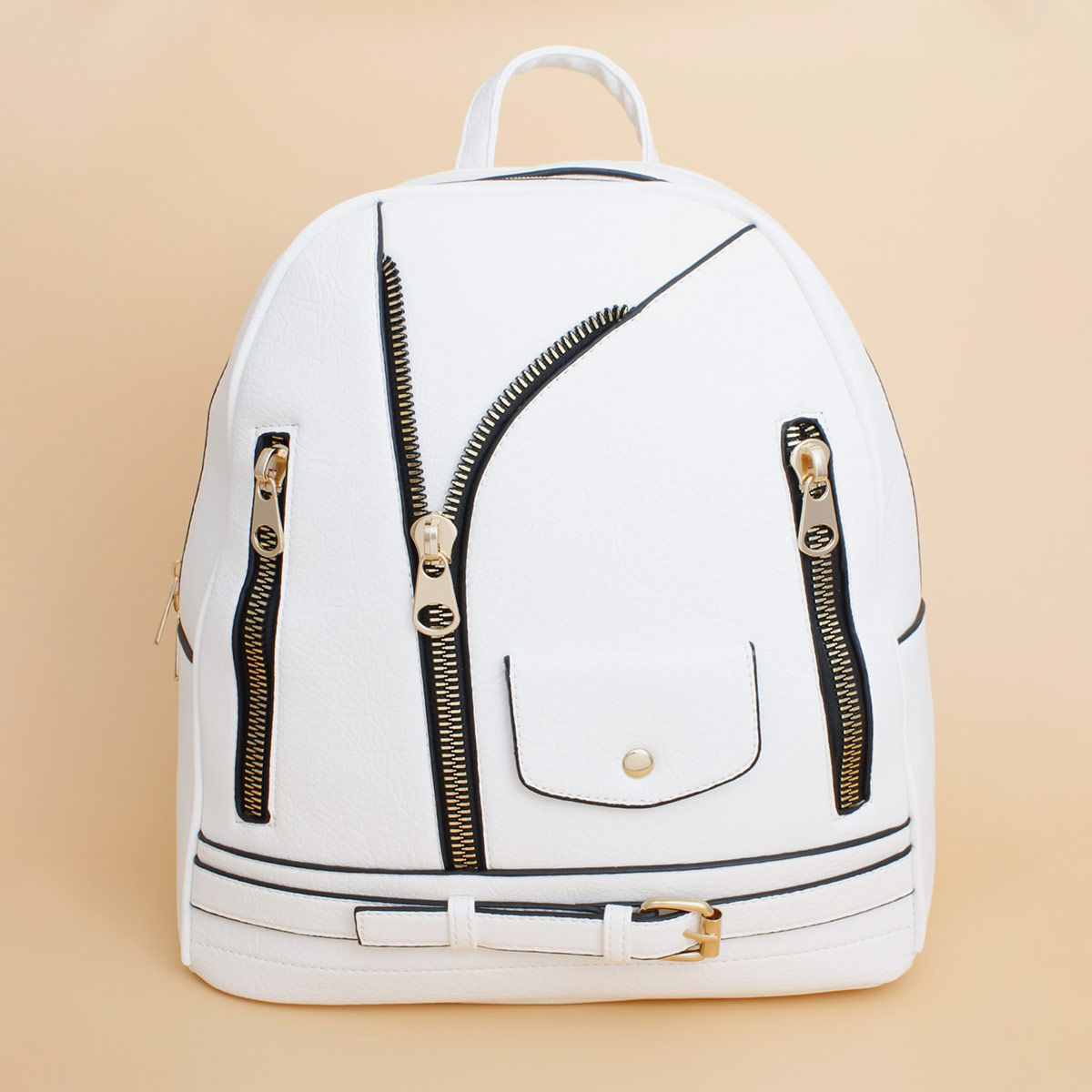 Moto Backpack White Zipper Medium Bag for Women - Premium Wholesale Fashion Accessories from Pinktown - Just $36! Shop now at chiquestyles