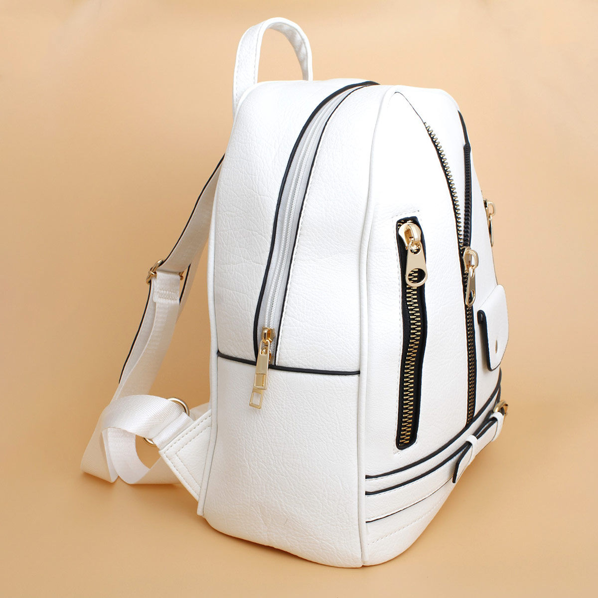 Moto Backpack White Zipper Medium Bag for Women - Premium Wholesale Fashion Accessories from Pinktown - Just $36! Shop now at chiquestyles