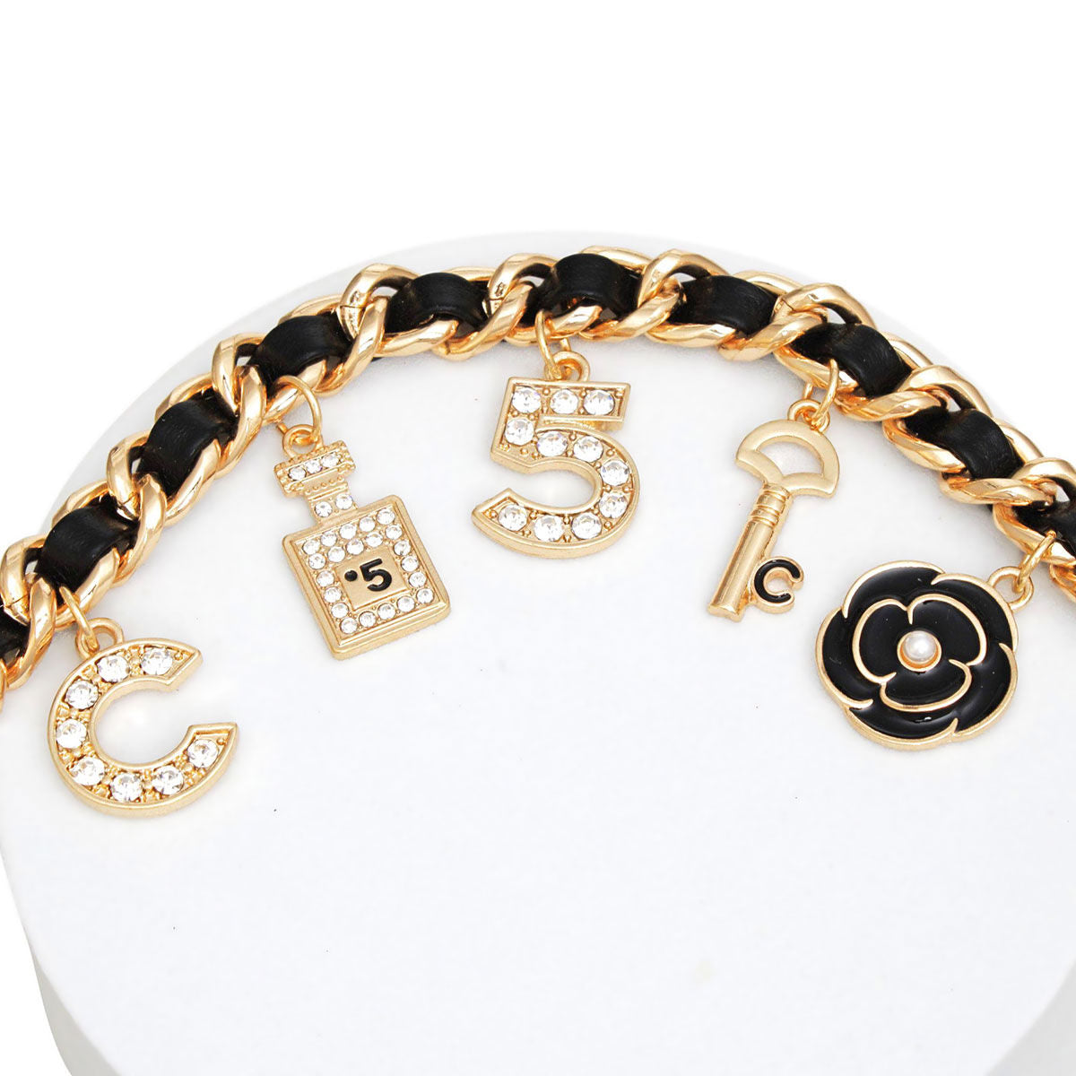 Anklet Black Woven Gold Chain Camellia Charms