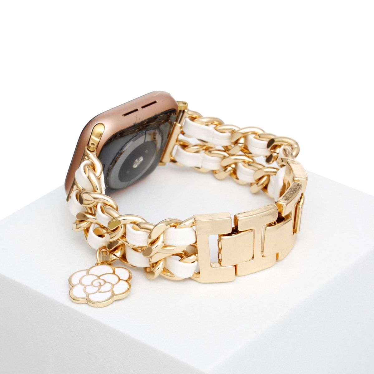 Watch Band White Woven Gold Chain Camellia Charm