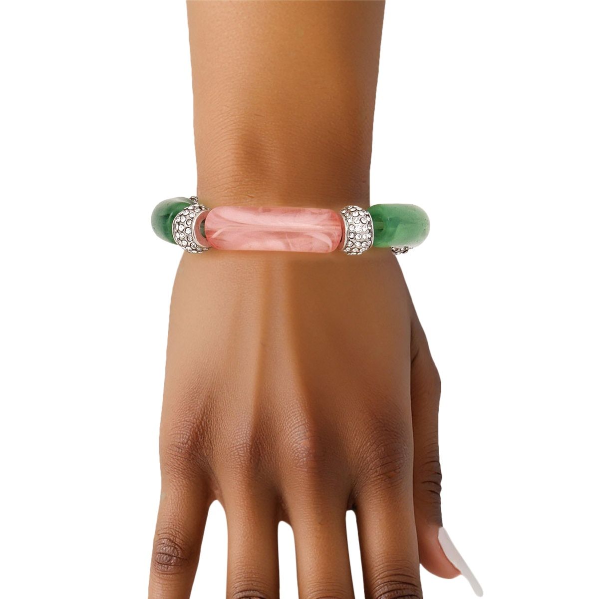 AKA Pink Green Tubular and Rondelle Bead Bracelet