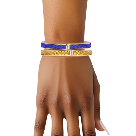 SGRHO Blue Gold Pave Hinged Bangle Bracelet Set