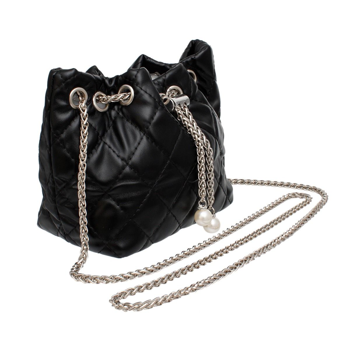 Mini Bucket Black Quilted Silver Camellia Luxe Bag