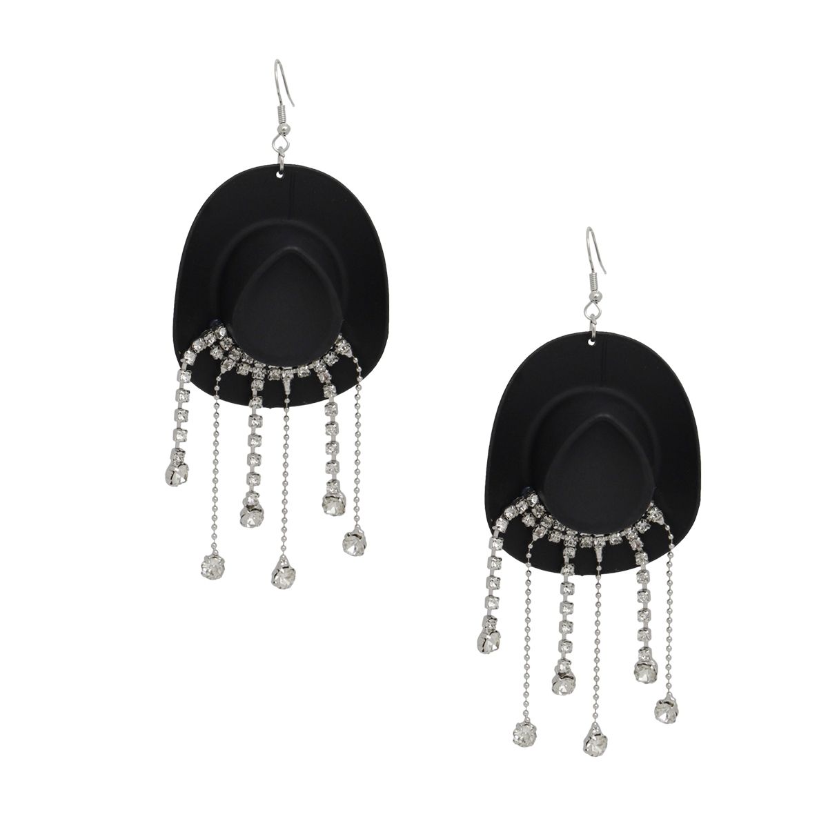 Fish Hook Black Cowgirl Hat Fringe Earrings