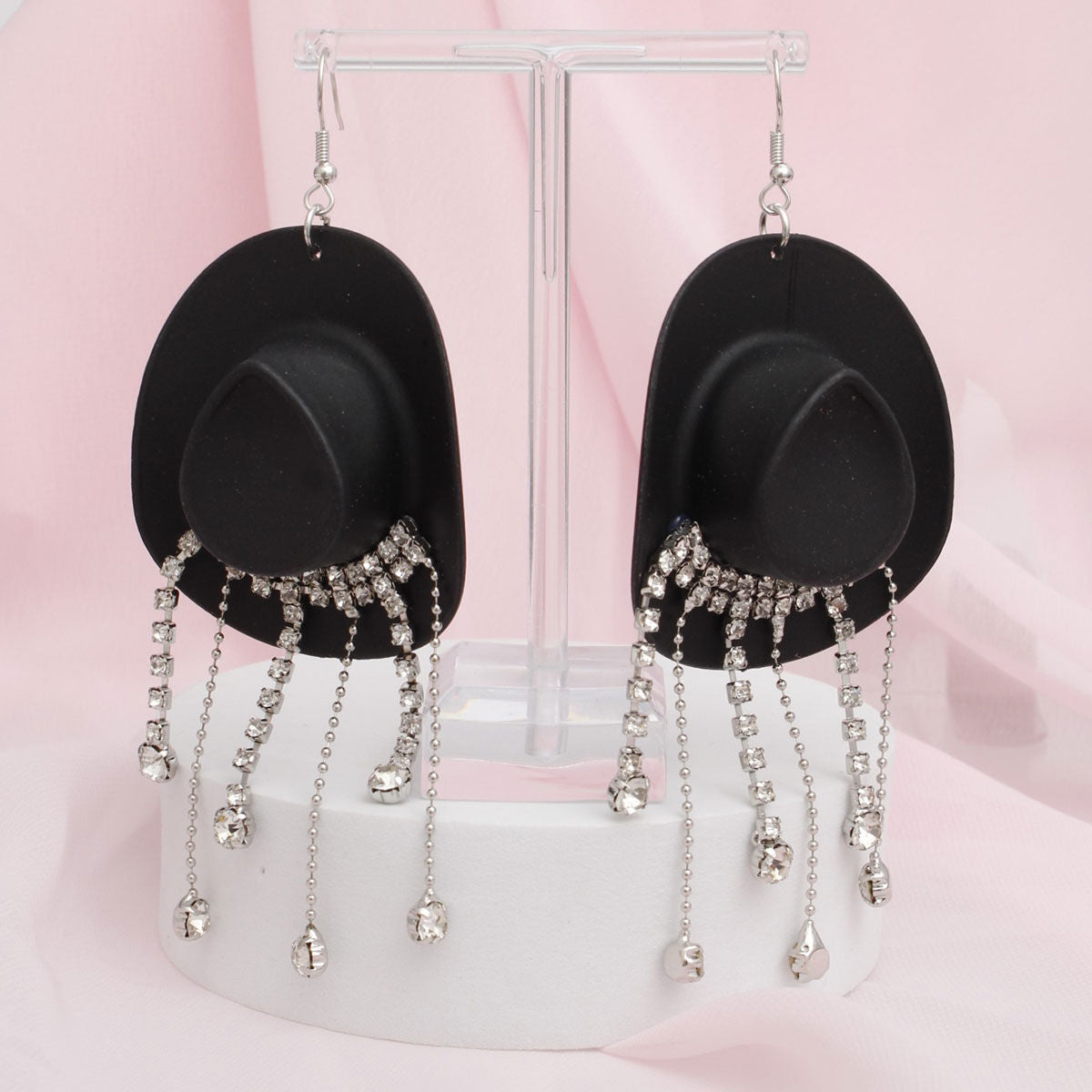 Fish Hook Black Cowgirl Hat Fringe Earrings