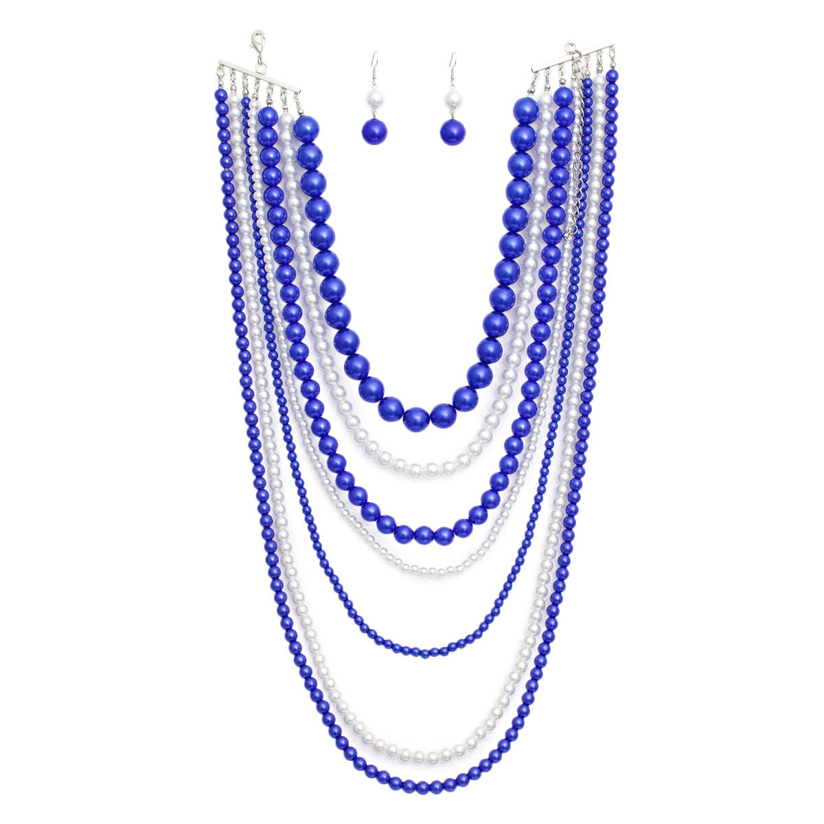 ZPB Sorority Blue White Pearl Long 7 Row Necklace