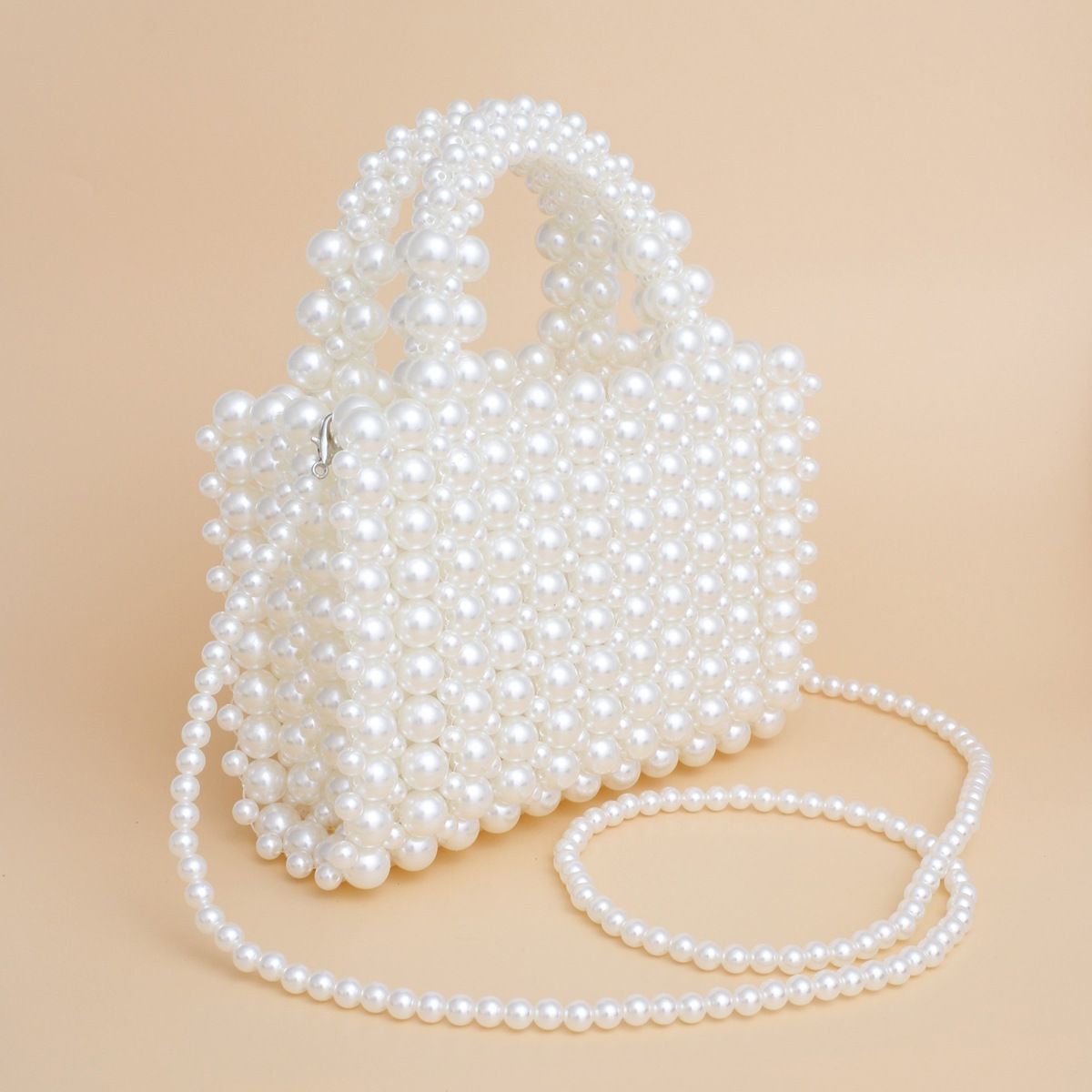 Top Handle Square Cream Pearl Woven Handmade Bag