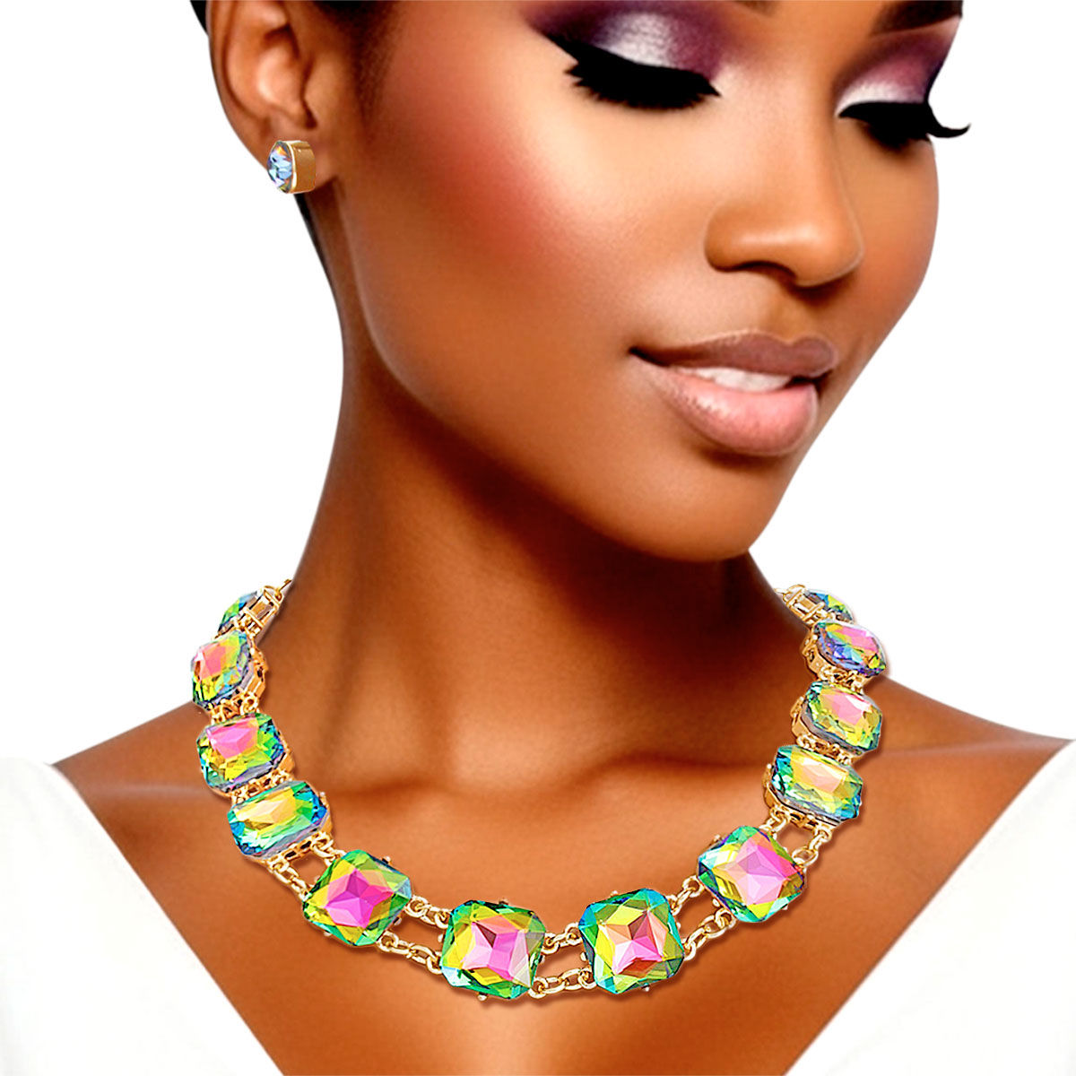 Necklace Pink Green Crystal Link Set for Women - Premium Wholesale Jewelry from Pinktown - Just $23! Shop now at chiquestyles