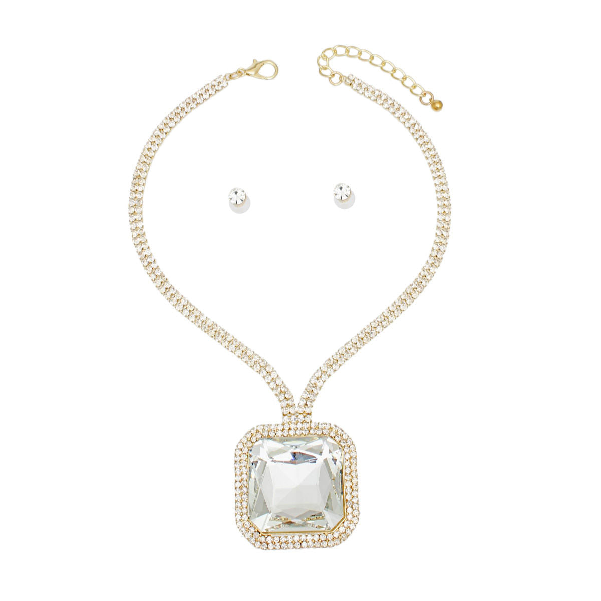 Necklace Pave Gold Princess Crystal Pendant Set