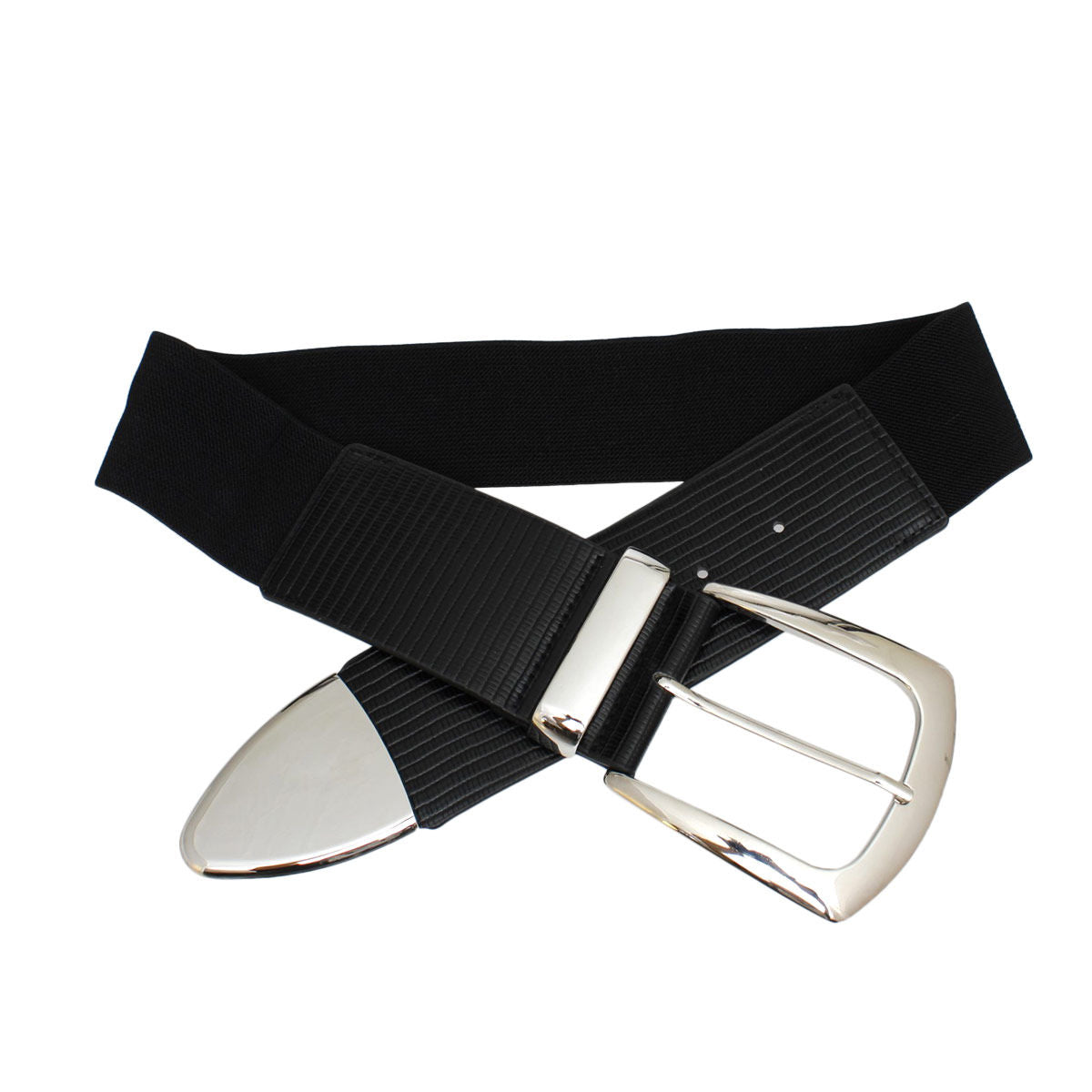 Belt Black Wide Silver Buckle Stretch for Women - Premium Wholesale Fashion Accessories from Pinktown - Just $16! Shop now at chiquestyles