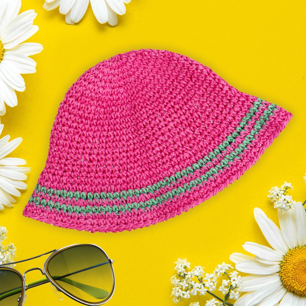 Bucket Hat Pink Green Stripe Straw for Women - Premium Wholesale Fashion Accessories from Pinktown - Just $23! Shop now at chiquestyles