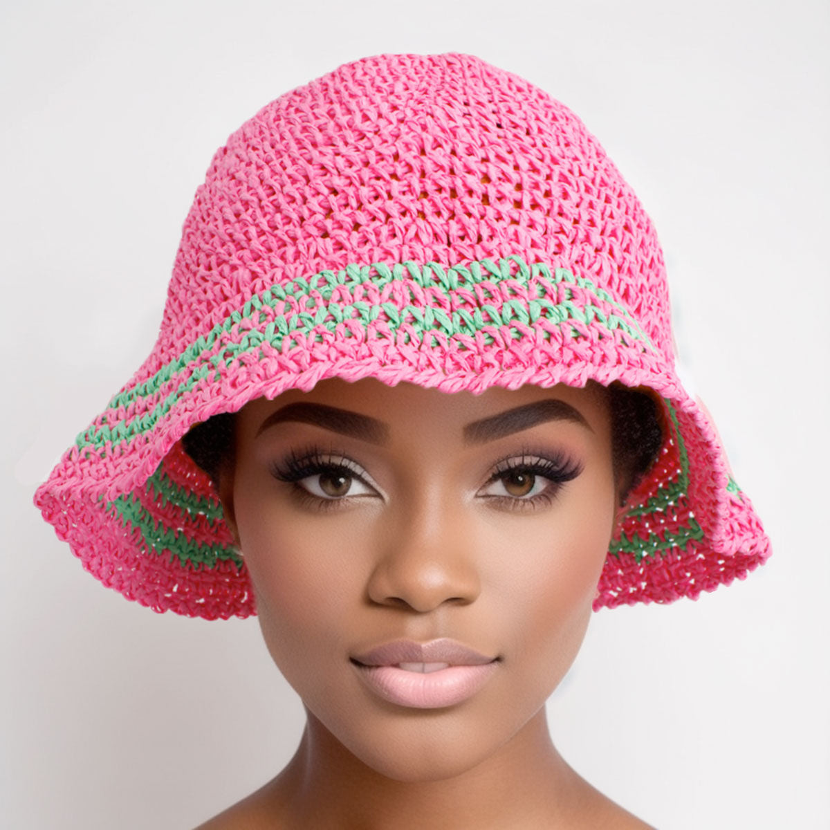 Bucket Hat Pink Green Stripe Straw for Women - Premium Wholesale Fashion Accessories from Pinktown - Just $23! Shop now at chiquestyles