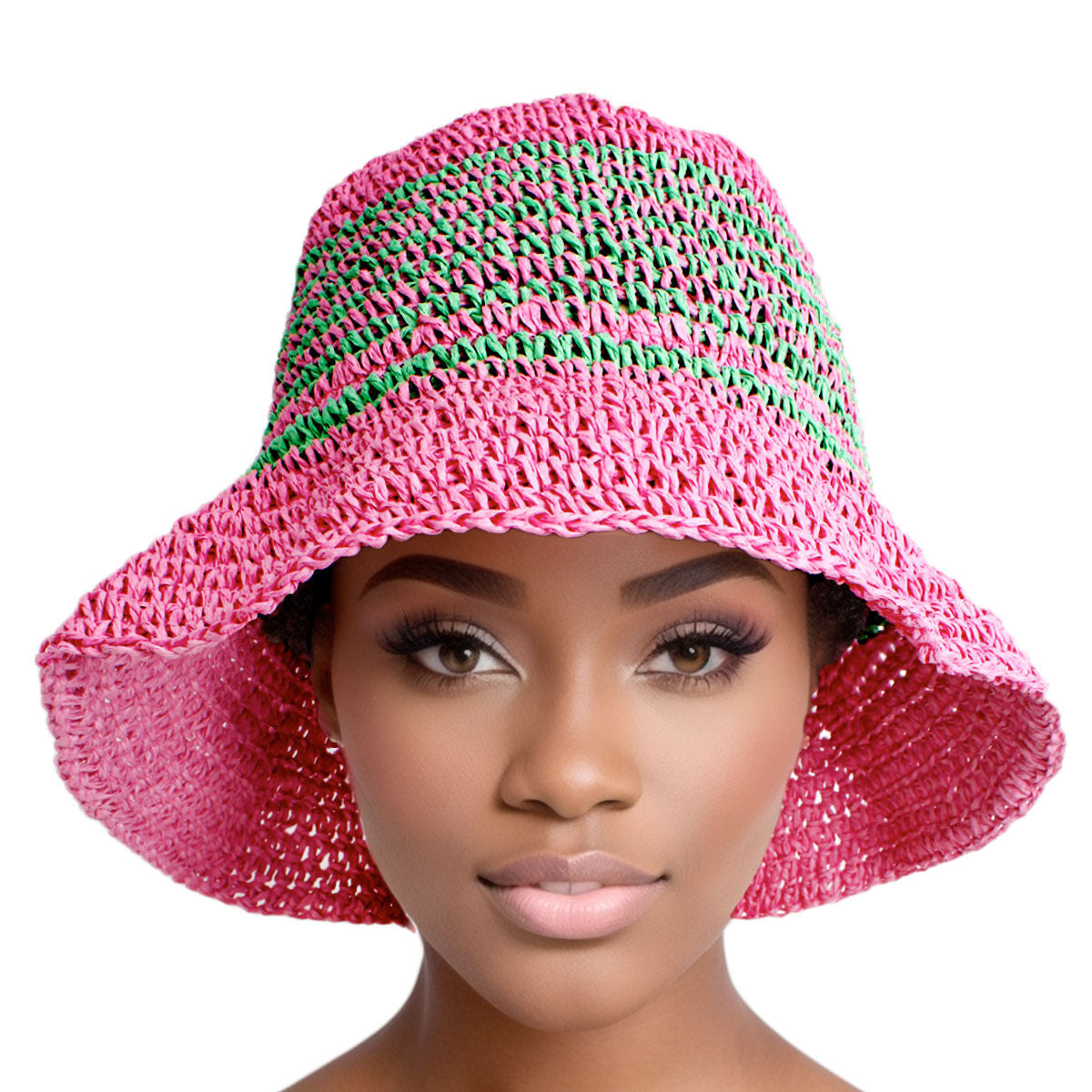 Bucket Hat Pink Green Multi Stripe Straw for Women - Premium Wholesale Fashion Accessories from Pinktown - Just $23! Shop now at chiquestyles