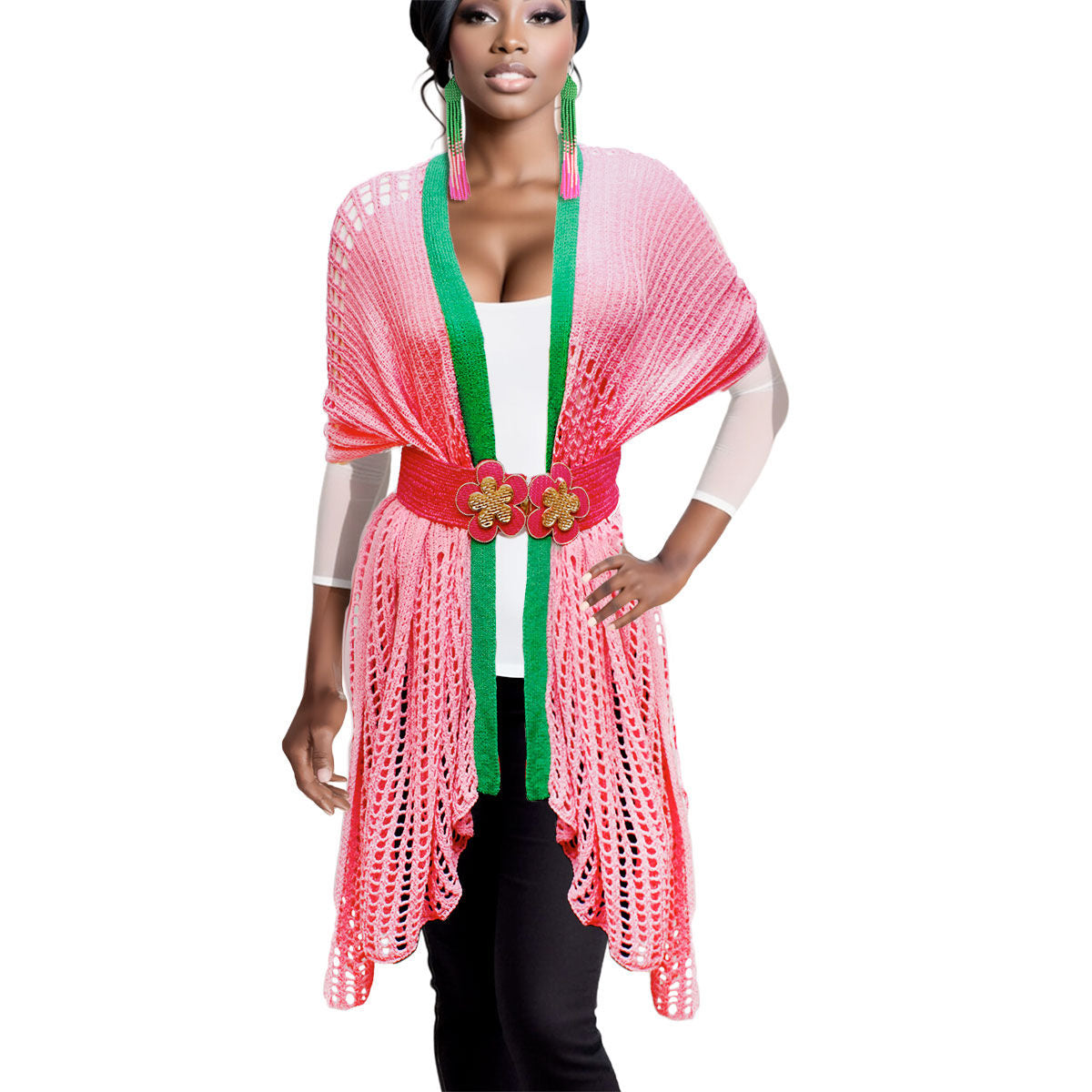 Ruana Kimono Pink and Green Crochet for Women - Premium Wholesale Fashion Accessories from Pinktown - Just $52! Shop now at chiquestyles