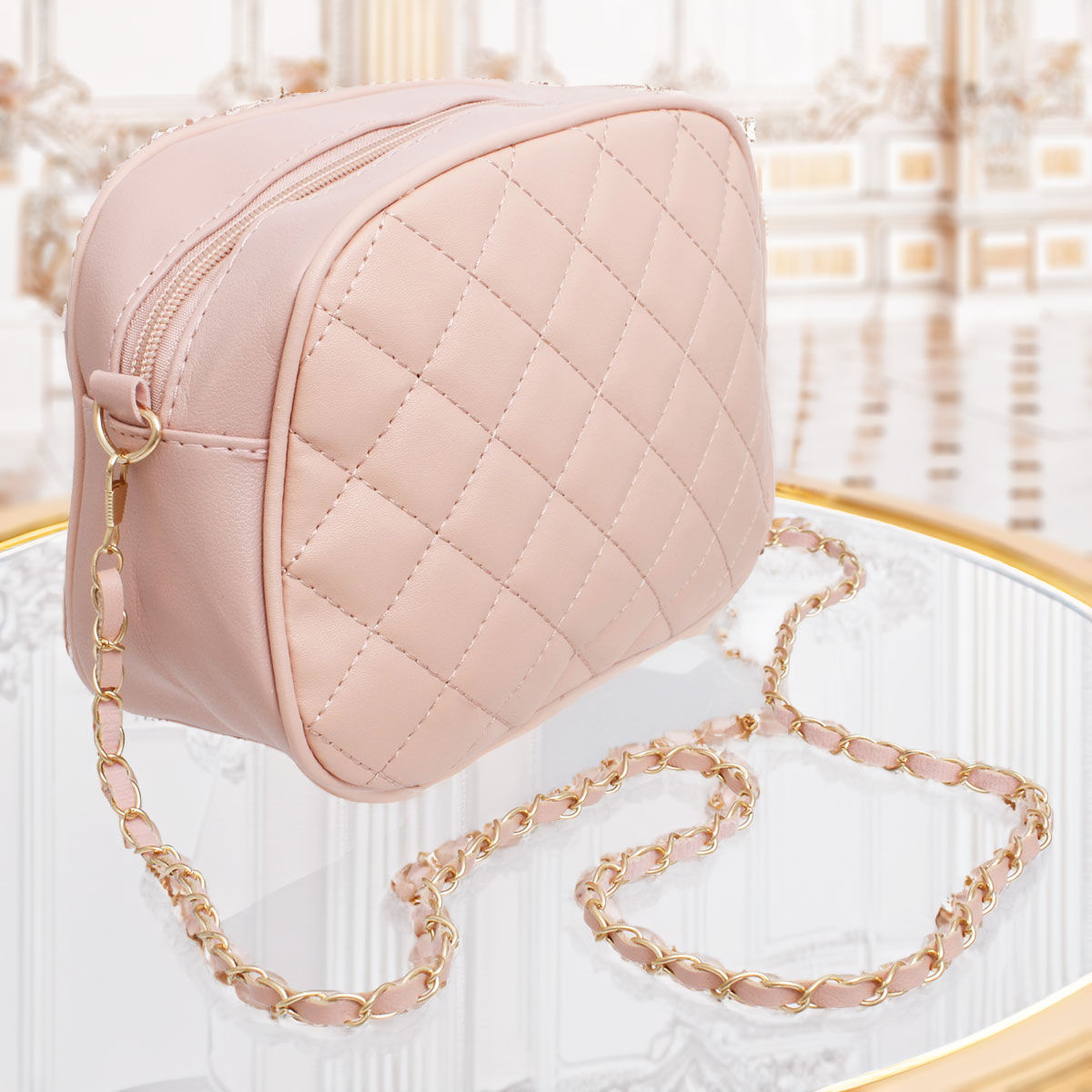 Crossbody Small Pink Quilted Chain Strap Bag Women - Premium Wholesale Fashion Accessories from Pinktown - Just $19! Shop now at chiquestyles