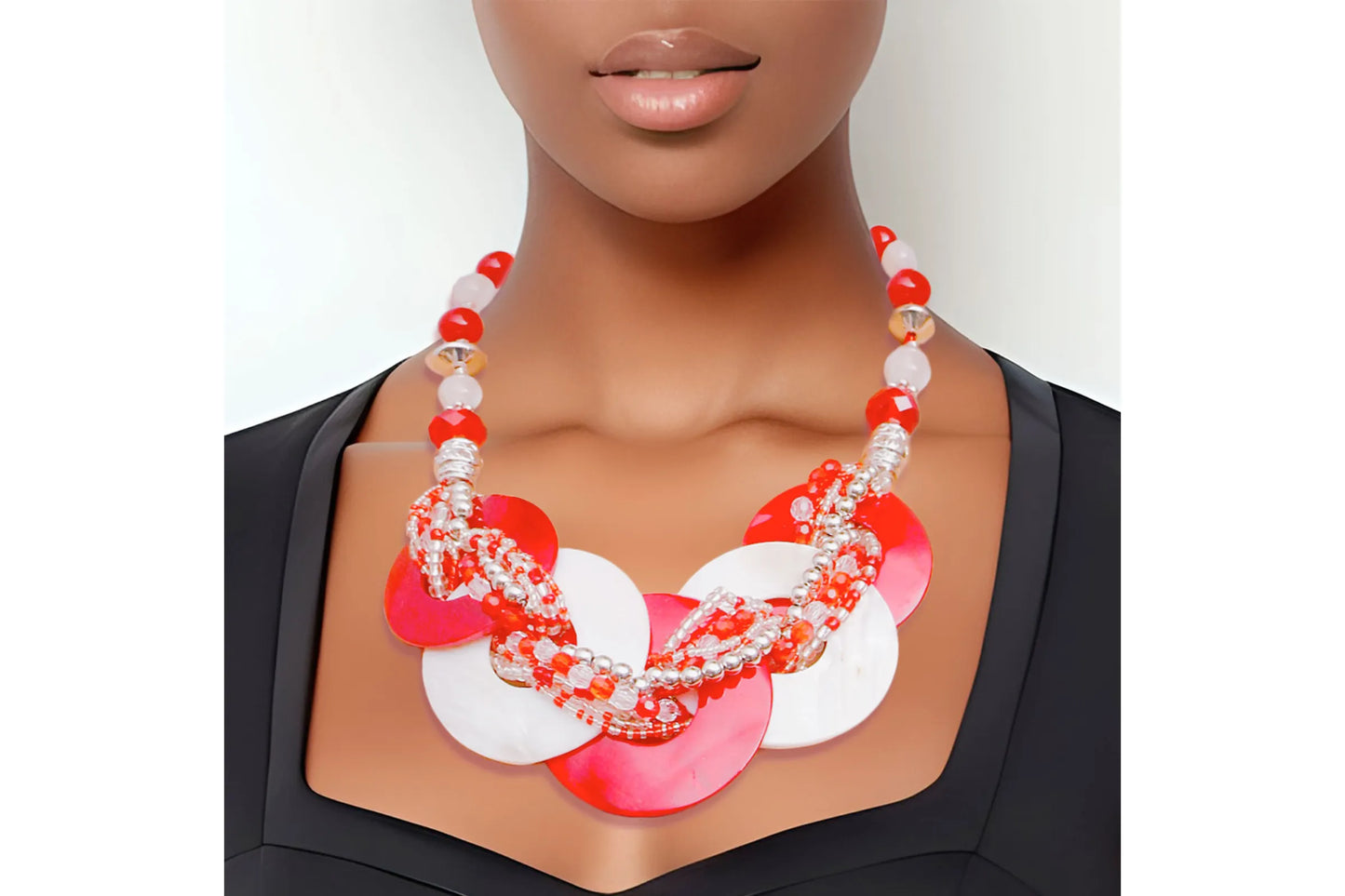 Red and White Beaded Disc Necklace Set|18 inches - Premium Wholesale Jewelry from Pinktown - Just $13! Shop now at chiquestyles