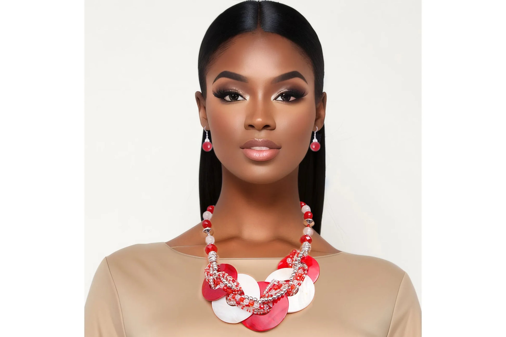 Red and White Beaded Disc Necklace Set|18 inches - Premium Wholesale Jewelry from Pinktown - Just $13! Shop now at chiquestyles