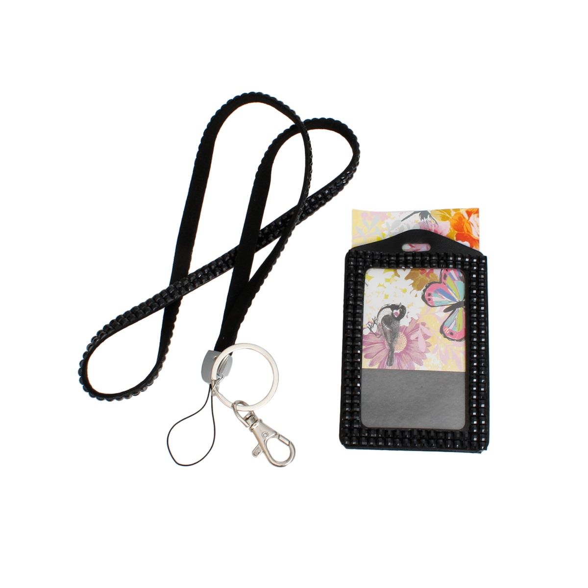 Black Rhinestone ID Lanyard Clip Keychain