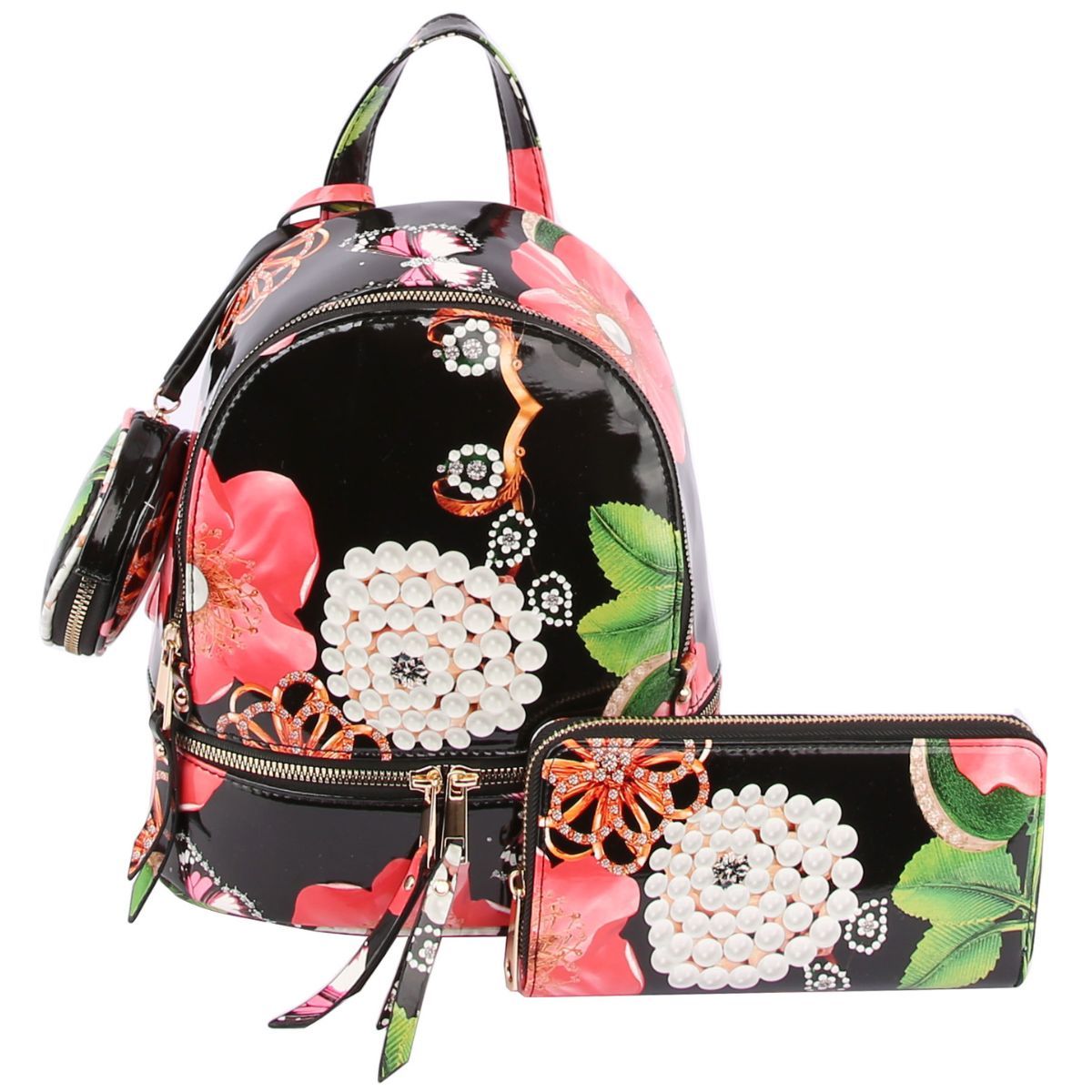 Black Floral Backpack Set|10.5 x 9 x 4.75 inches - Premium Wholesale Fashion Accessories from Pinktown - Just $65! Shop now at chiquestyles