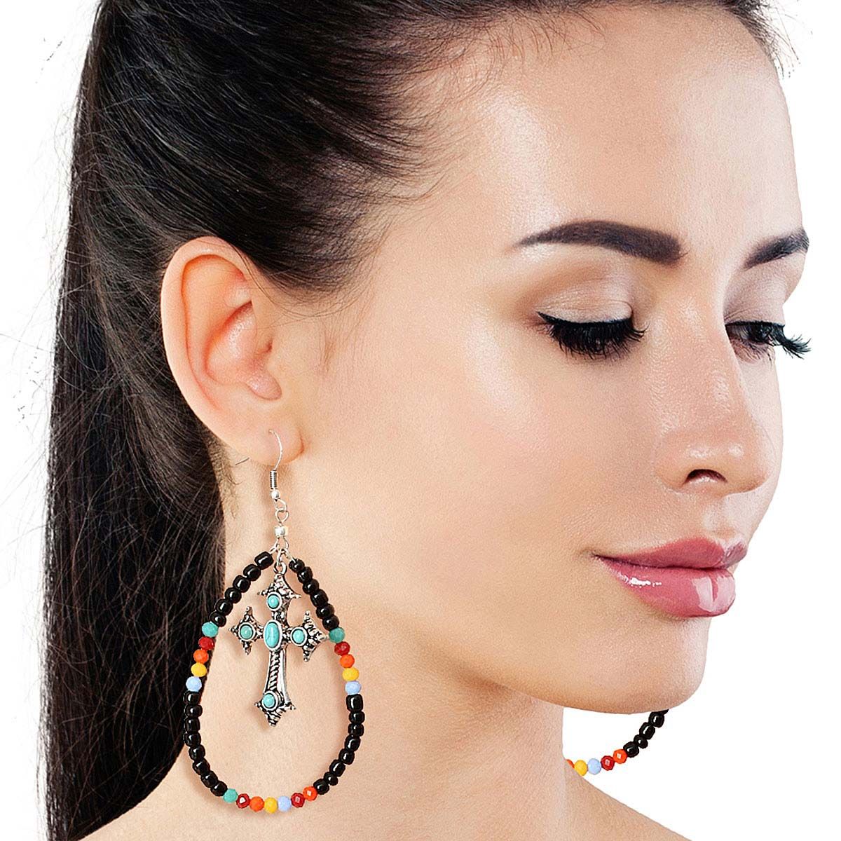 Black Bead Teardrop Cross Earrings|3 inches - Premium Wholesale Jewelry from Pinktown - Just $12! Shop now at chiquestyles