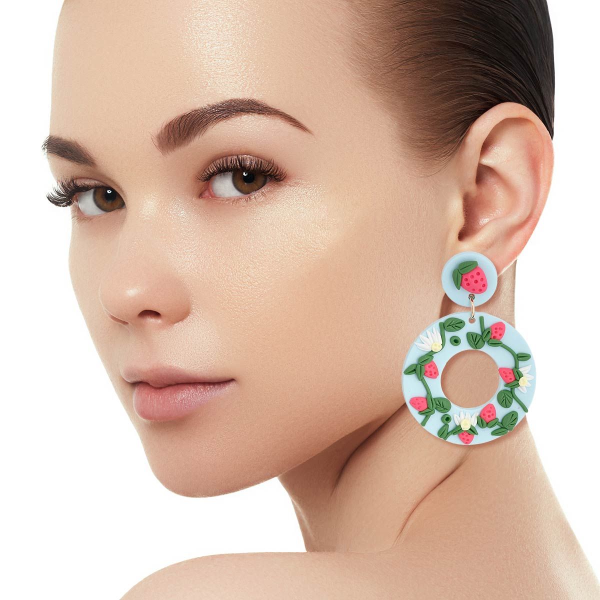 Light Blue Clay Strawberry Donut Earrings|2.25 inches - Premium Wholesale Jewelry from Pinktown - Just $13! Shop now at chiquestyles