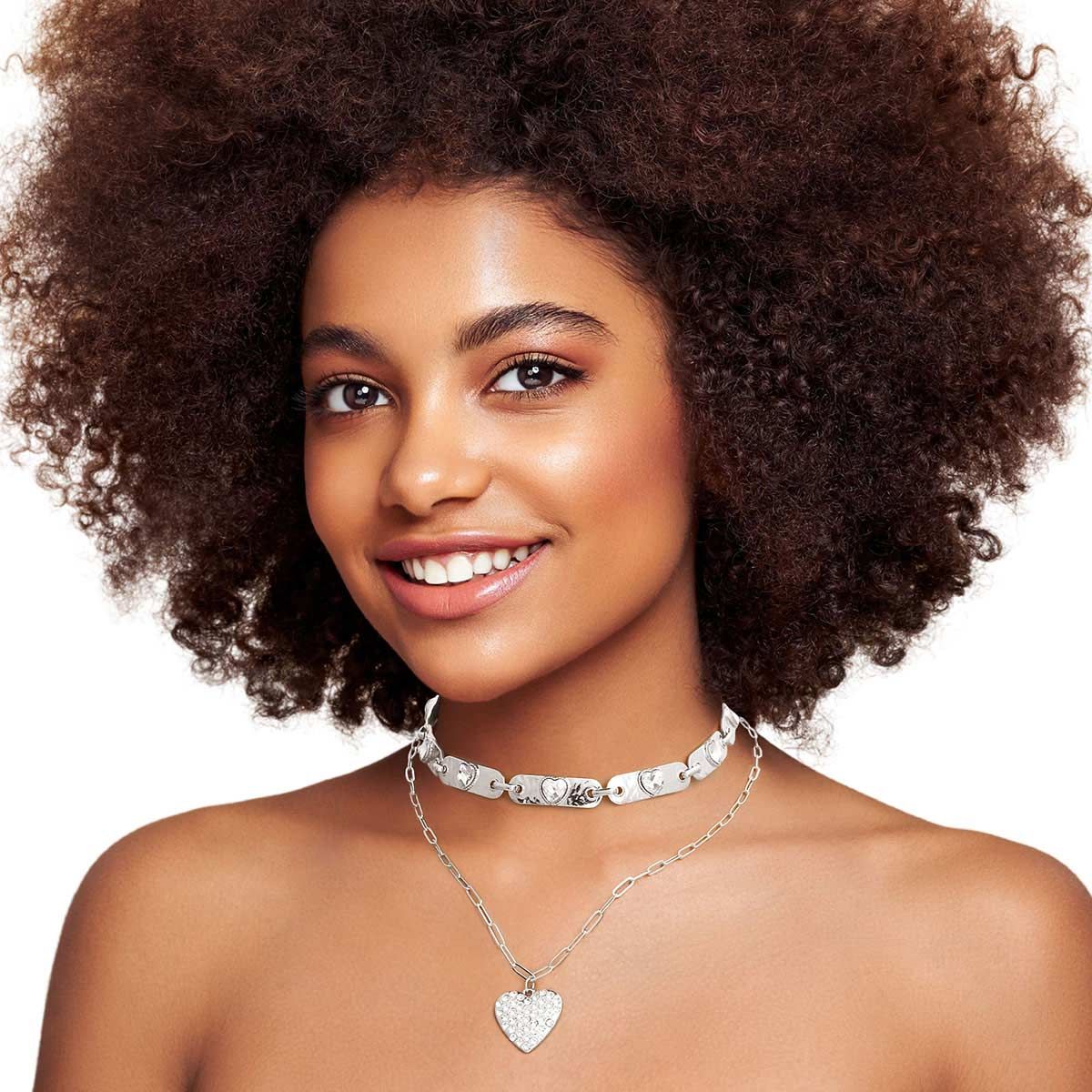 2 Pcs Silver Link Heart Choker Necklaces|16 inches - Premium Wholesale Jewelry from Pinktown - Just $17! Shop now at chiquestyles