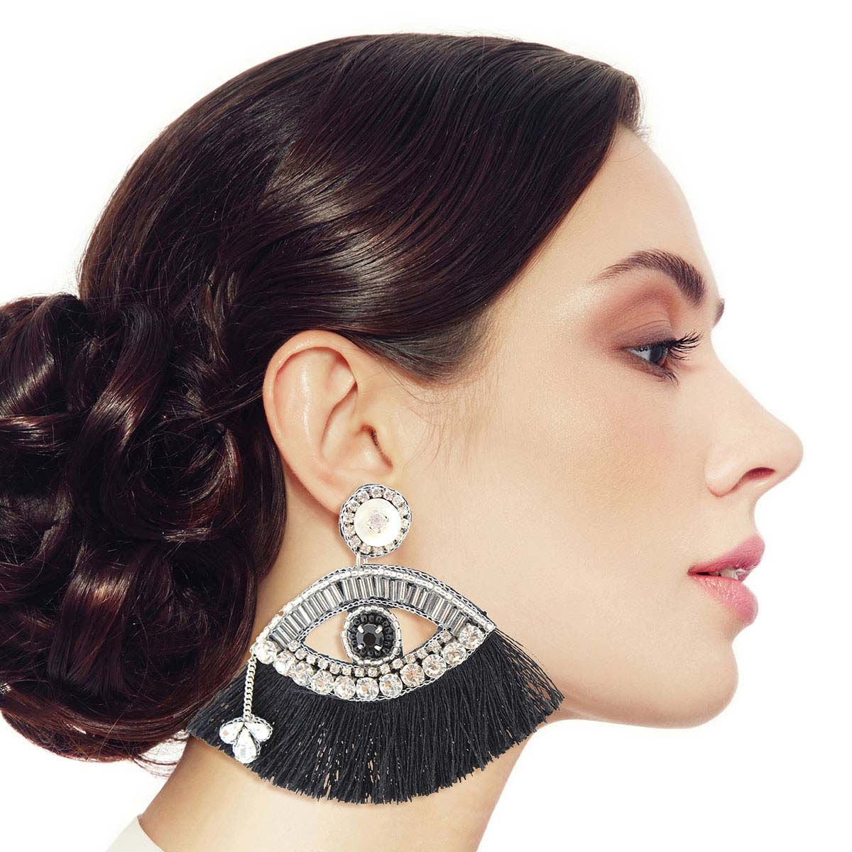 Black Tassel Rhinestone Eye Earrings|3 inches - Premium Wholesale Jewelry from Pinktown - Just $13! Shop now at chiquestyles
