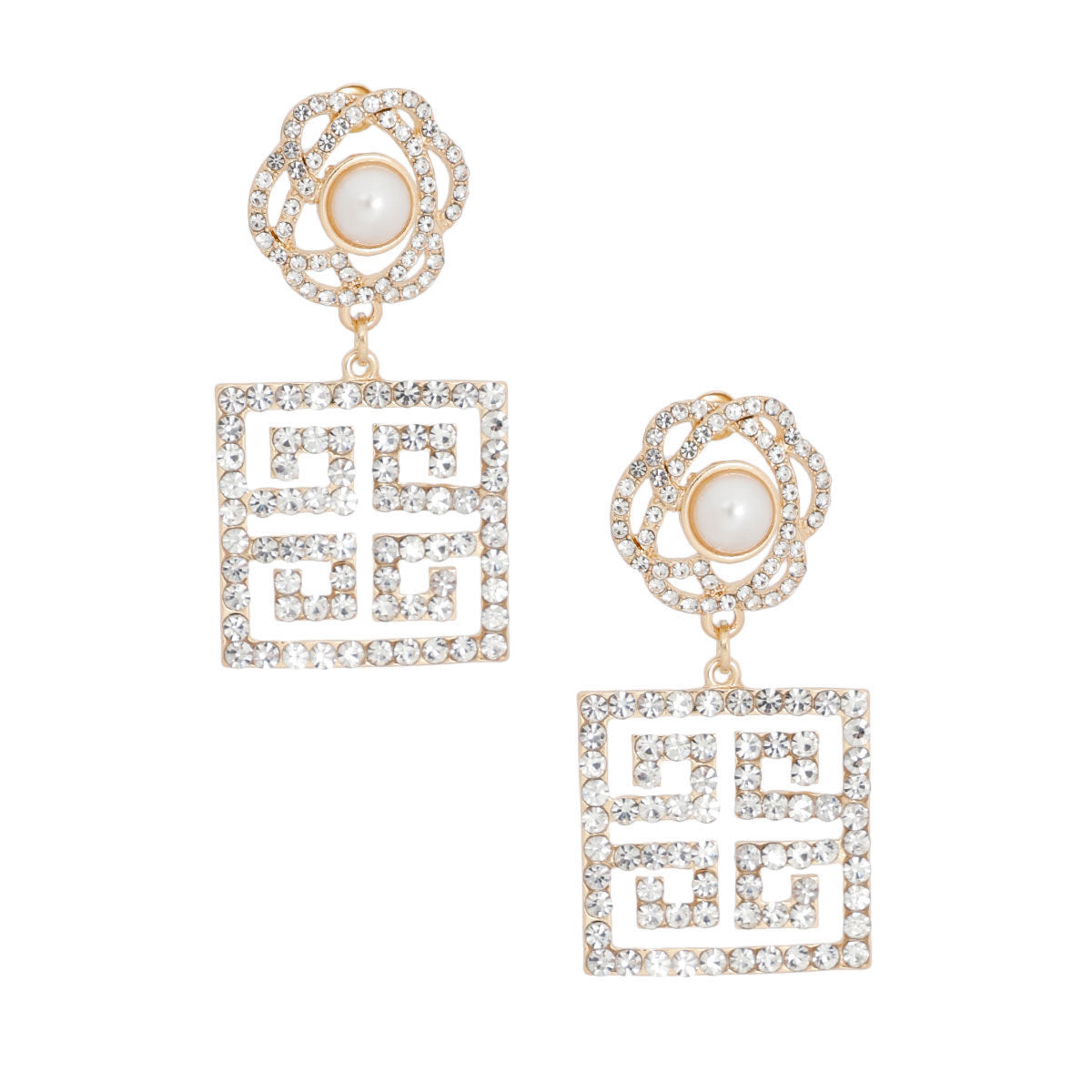 Gold Flower Square Greek Key Earrings|2.25 inches - Premium Wholesale Jewelry from Pinktown - Just $16! Shop now at chiquestyles