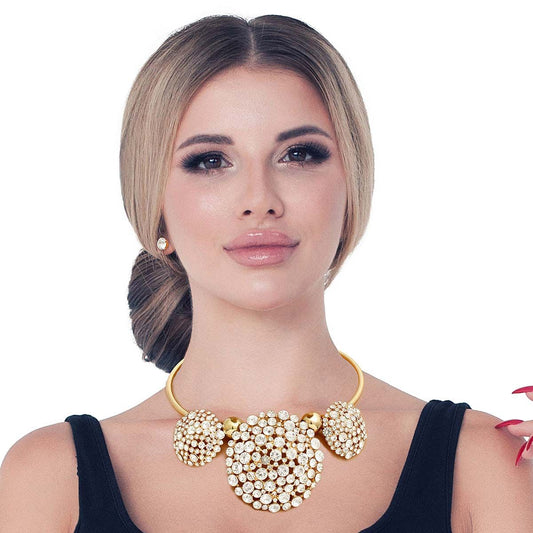 Gold Triple Rhinestone Dome Cluster Collar|18 inches - Premium Wholesale Jewelry from Pinktown - Just $29! Shop now at chiquestyles