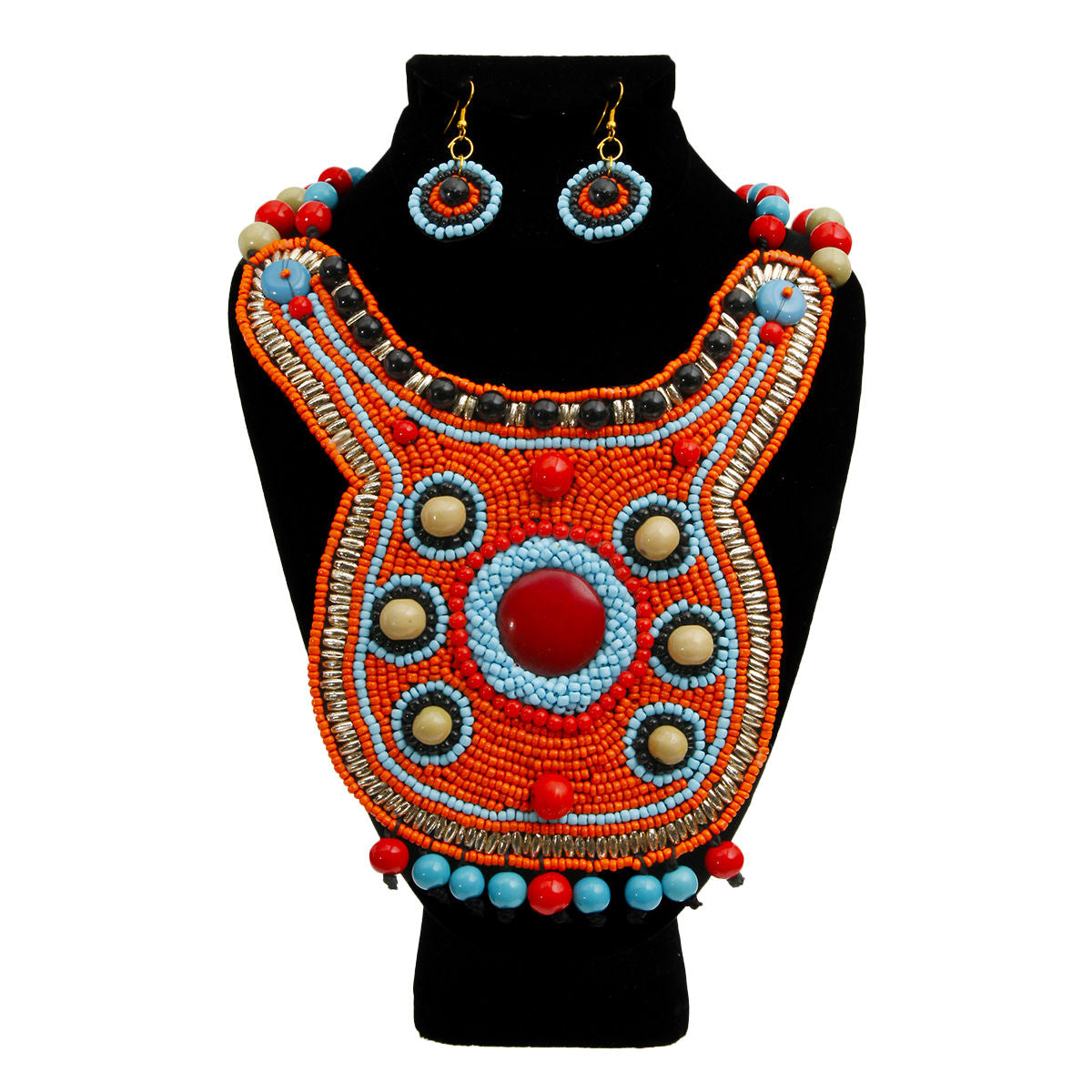 Orange Bead Bib Necklace Set with Blue Red and Green Bead Collar and Detail|16 inches - Premium Wholesale Jewelry from Pinktown - Just $52! Shop now at chiquestyles