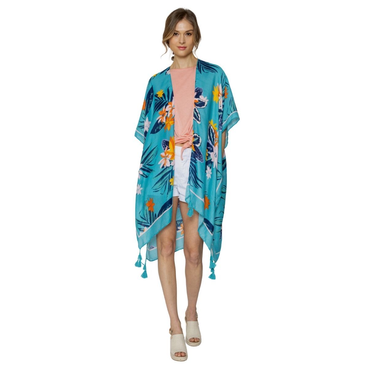 Turquoise Tropical Floral Tassel Kimono|32.4 x 35.4 inches - Premium Wholesale Boutique Clothing from Pinktown - Just $23! Shop now at chiquestyles