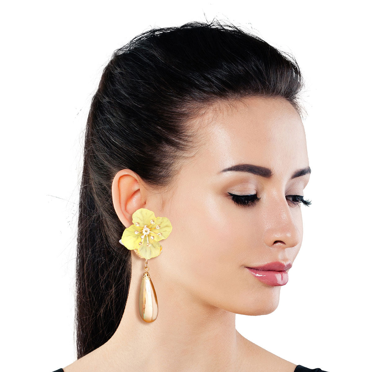 Yellow Flower Gold Teardrop Earrings|3.5 inches - Premium Wholesale Jewelry from Pinktown - Just $11! Shop now at chiquestyles