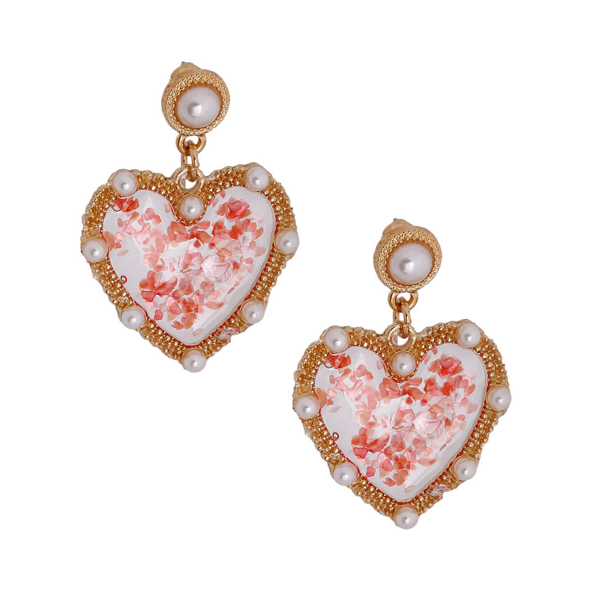 Pearl and Pink Resin Heart Earrings|1.65 inches - Premium Wholesale Jewelry from Pinktown - Just $7! Shop now at chiquestyles