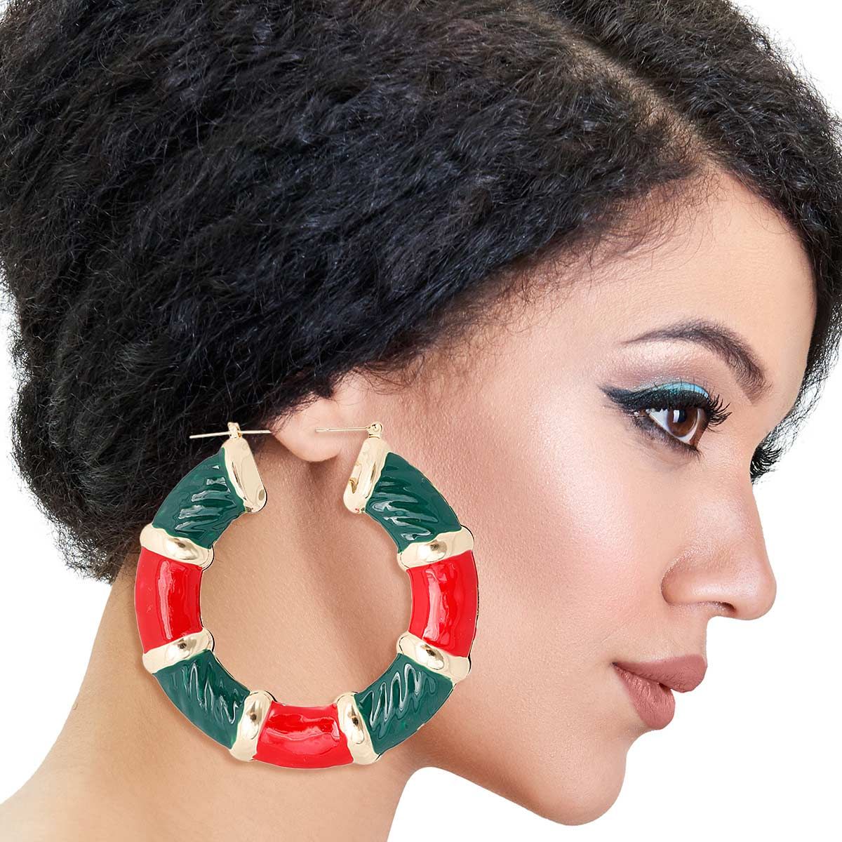 Red and Green Wide Bamboo Hoops|3 inches - Premium Wholesale Jewelry from Pinktown - Just $13! Shop now at chiquestyles