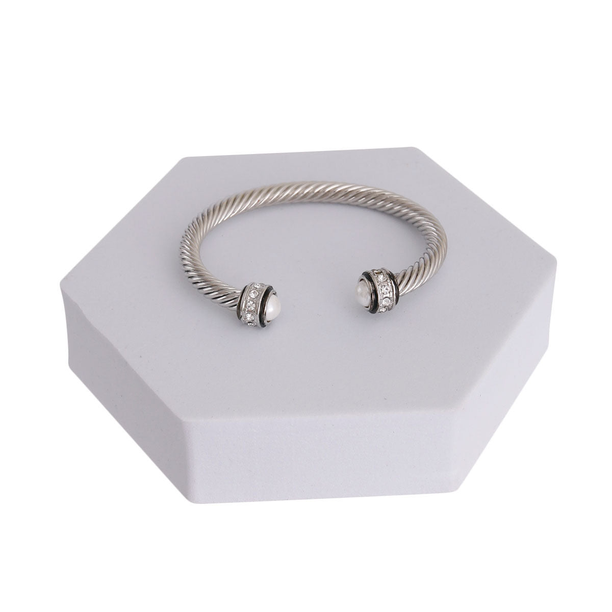 White Pearl Twisted Cable Silver Bangle|Adjustable - Premium Wholesale Jewelry from Pinktown - Just $9! Shop now at chiquestyles