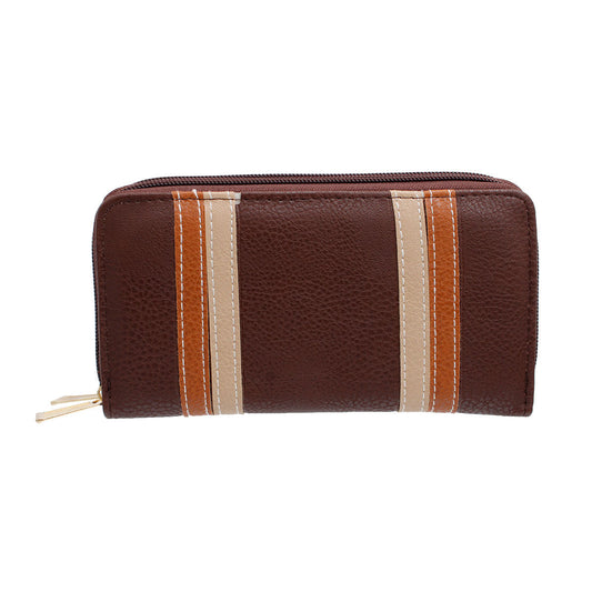 Dark Brown Striped Double Zipper Wallet|7.5 x 4 x 1.5 inches - Premium Wholesale Fashion Accessories from Pinktown - Just $15! Shop now at chiquestyles