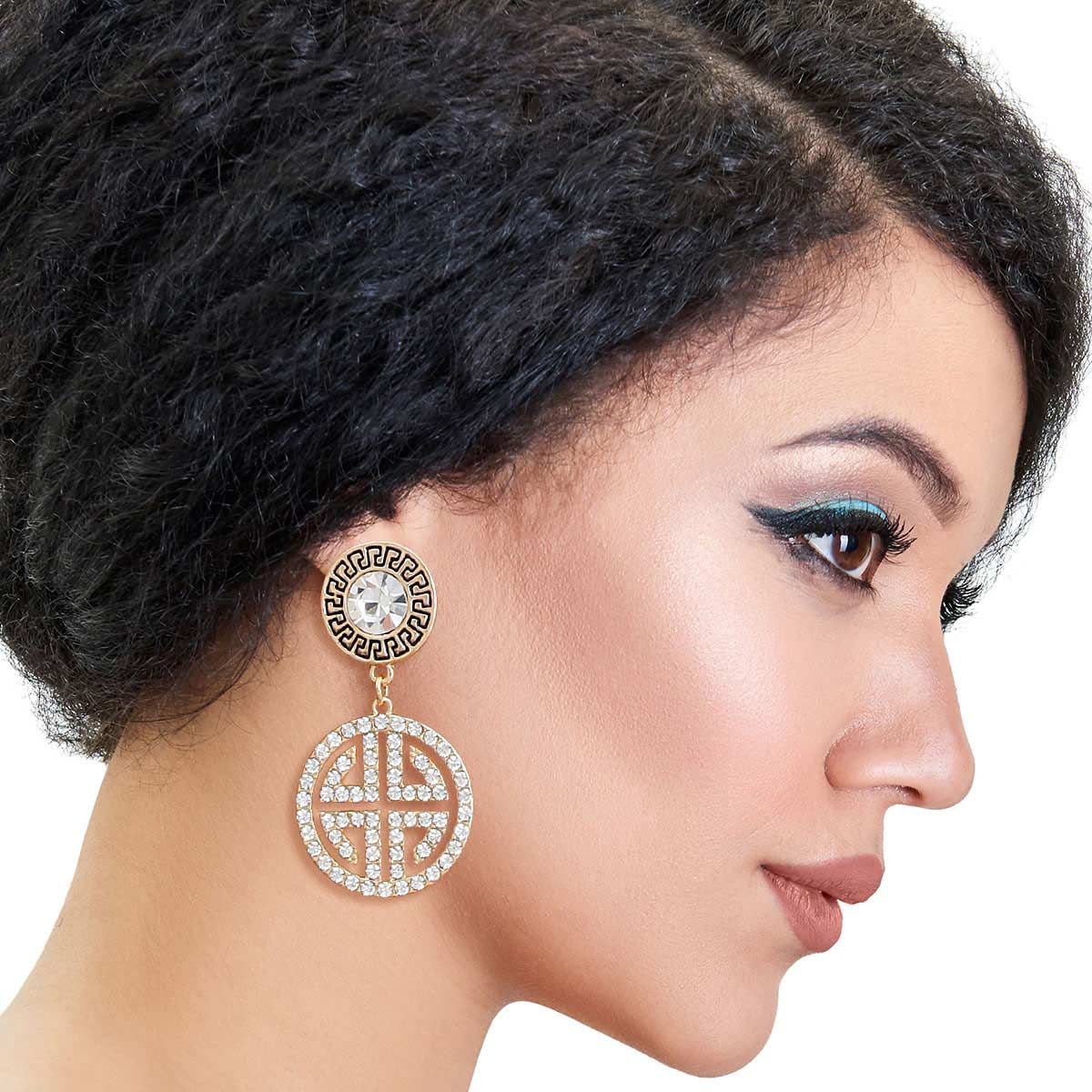 Gold Round Crystal Greek Key Earrings|2.25 inches - Premium Wholesale Jewelry from Pinktown - Just $14! Shop now at chiquestyles