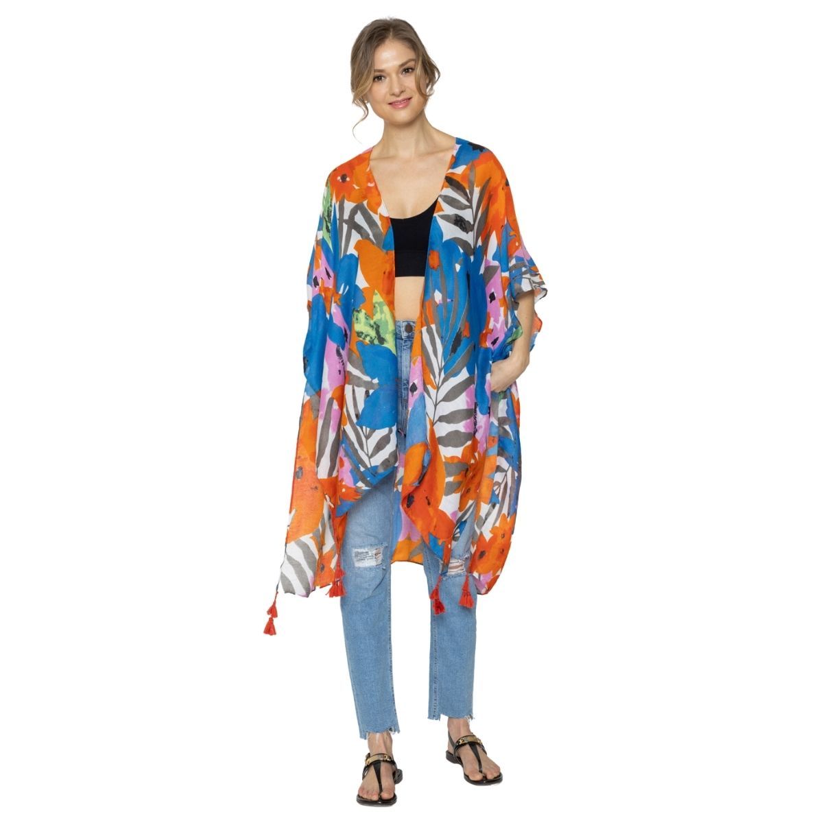 Blue Floral Watercolor Tassel Kimono|35.4 x 35.4 inches - Premium Wholesale Boutique Clothing from Pinktown - Just $23! Shop now at chiquestyles