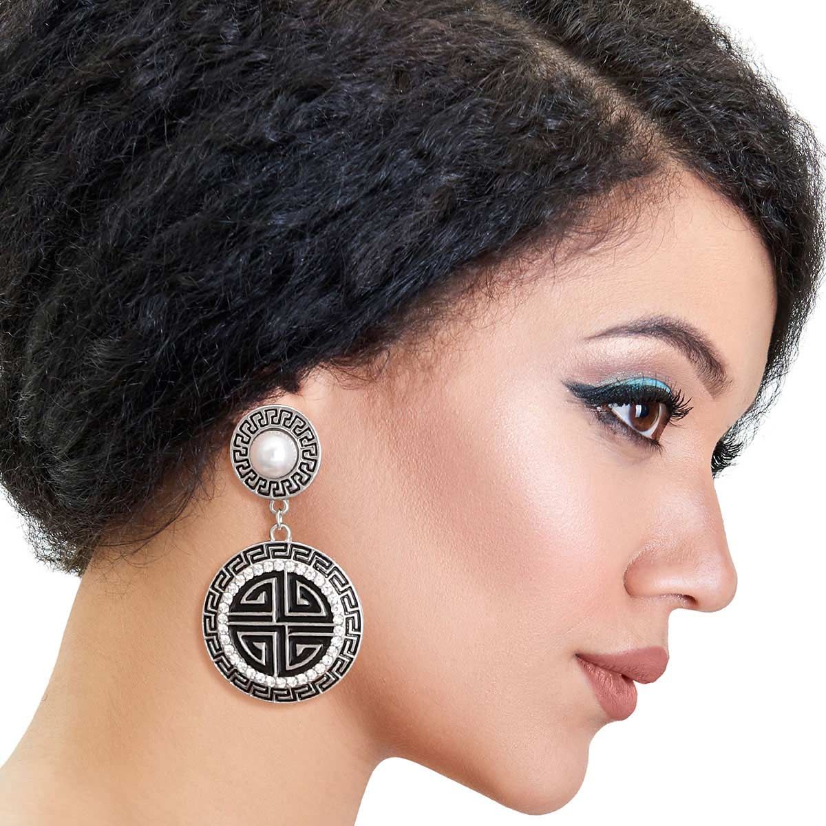 Silver Black Round Greek Key Charm Earrings|2.5 inches - Premium Wholesale Jewelry from Pinktown - Just $16! Shop now at chiquestyles