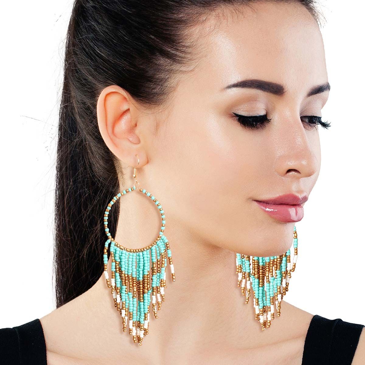 Turquoise and Gold Bead Fringe Circle Earrings|4.5 inches - Premium Wholesale Jewelry from Pinktown - Just $15! Shop now at chiquestyles